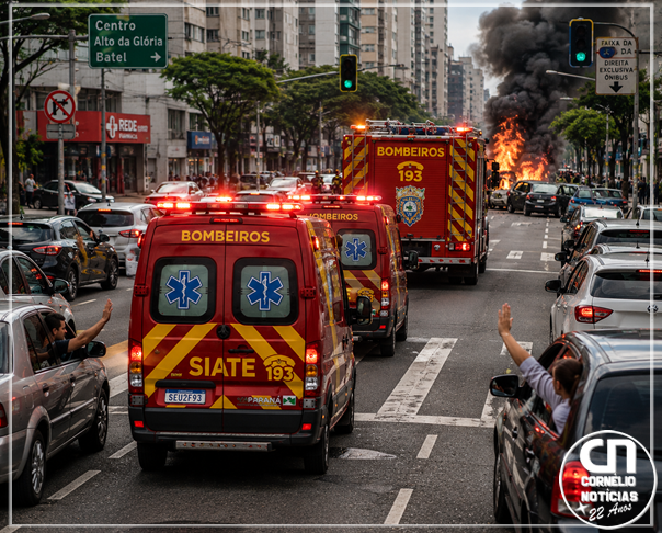 BOMBEIROS ORIENTAM MOTORISTA PARA ABRIREM PASSAGEM PARA VIATURAS