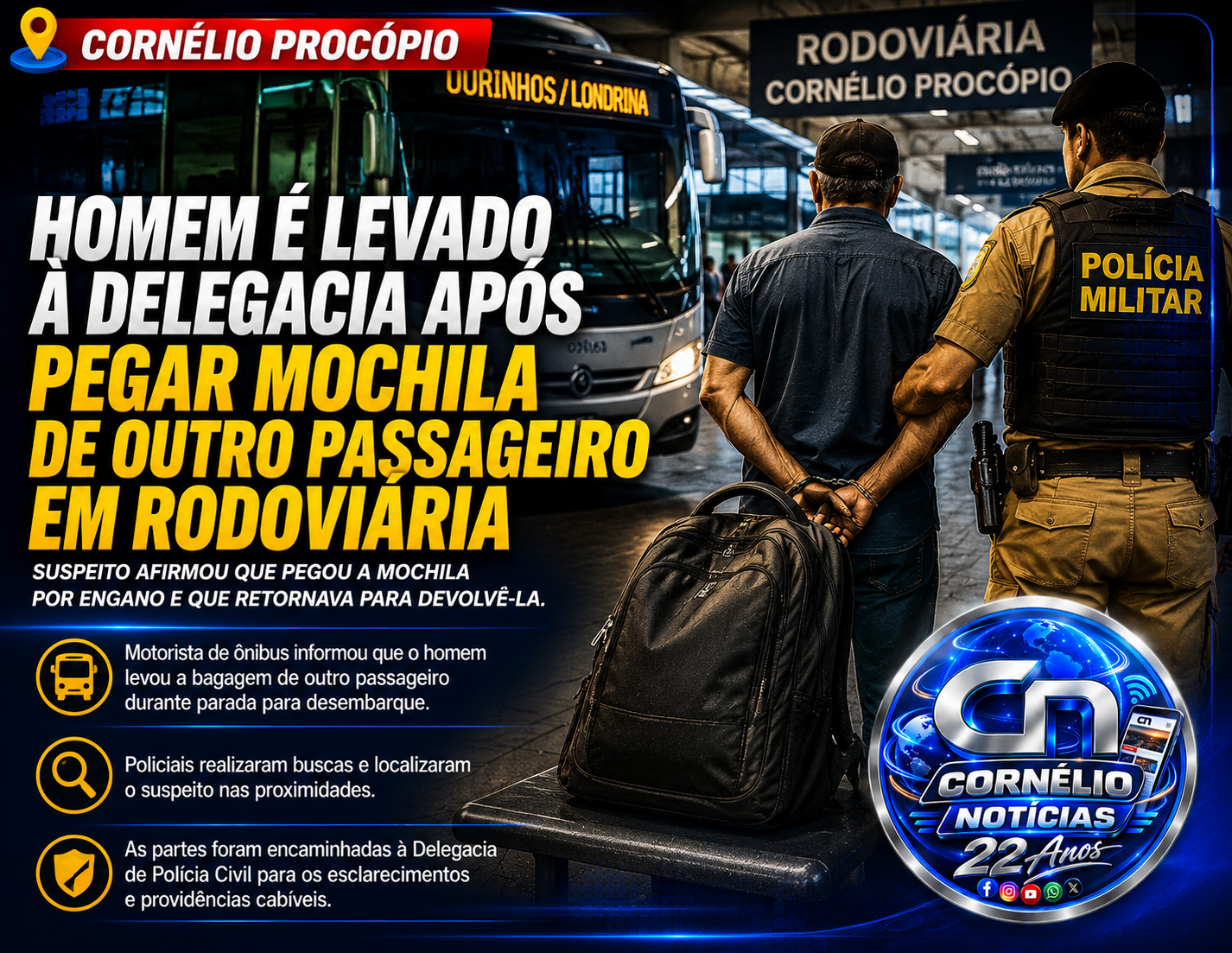 Indivíduo é preso suspeito de pegar mochila de passageiro em rodoviária