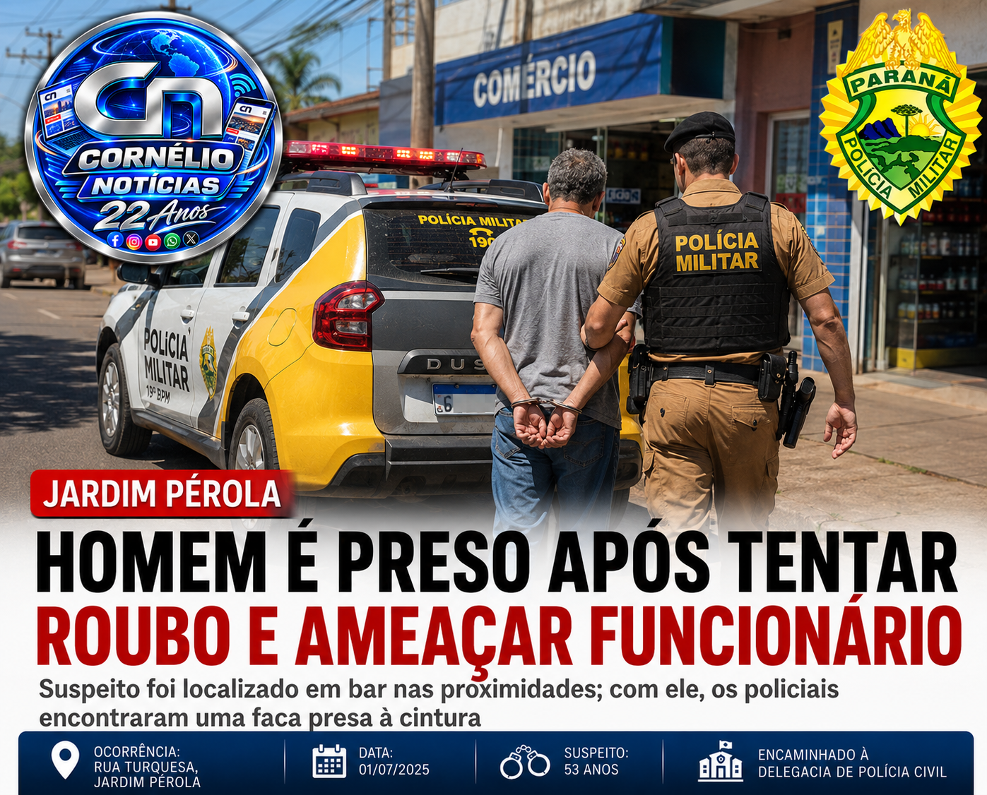 Homem é preso com faca após tentativa de roubo em Cornélio Procópio