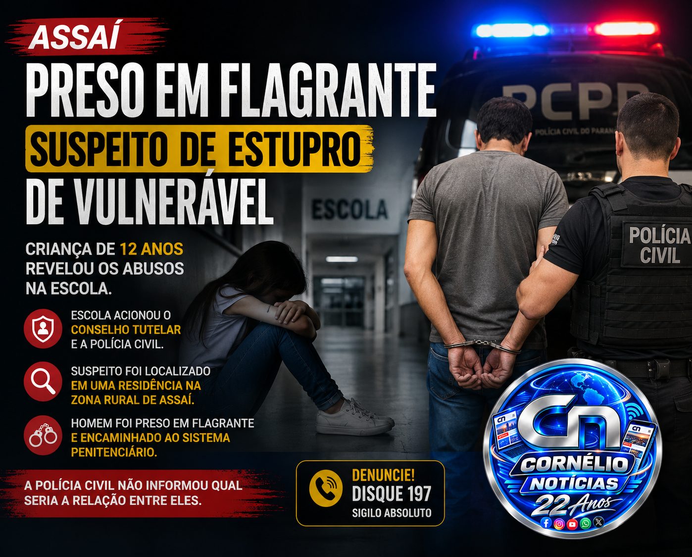 Homem é preso suspeito de estupro contra criança de 12 anos