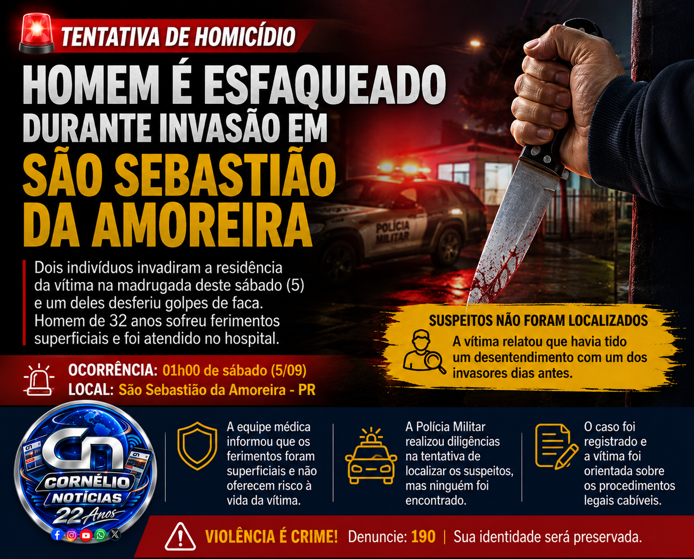 Cidadão é esfaqueado dentro de casa após invasão