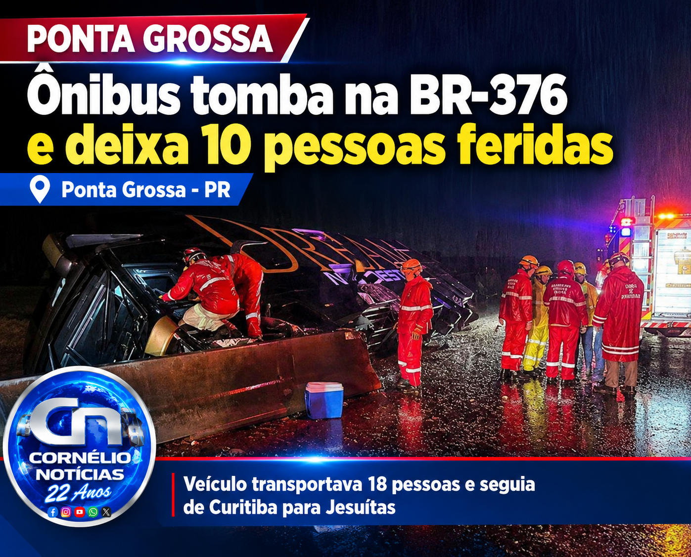 Ônibus tomba na BR-376 e deixa 10 pessoas feridas em Ponta Grossa