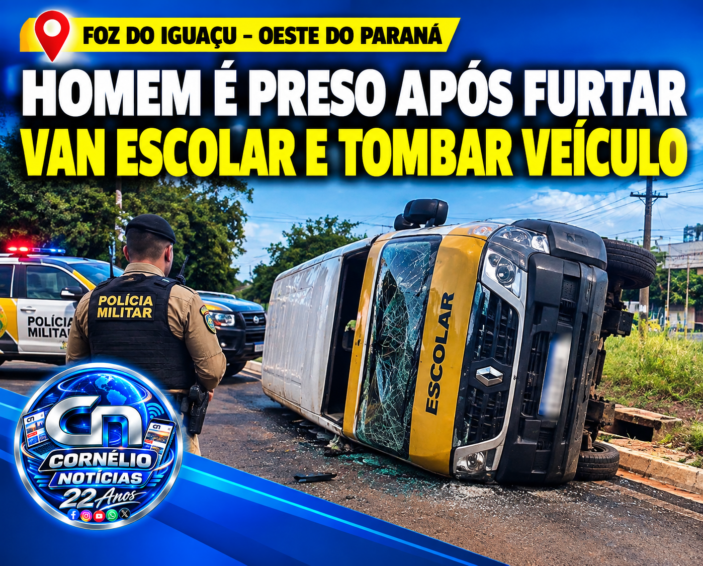 Homem é preso após furtar van escolar e tombar veículo