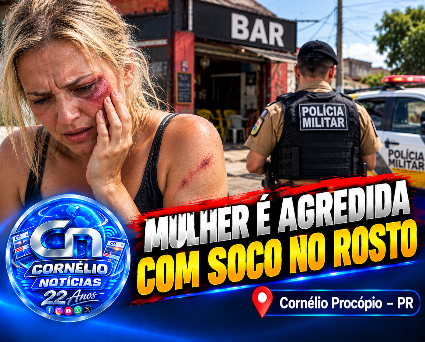 Mulher é agredida com soco no rosto em frente a bar, em Cornélio Procópio