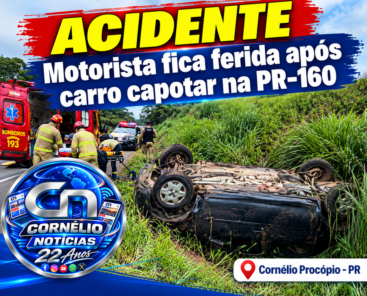 Motorista fica ferida após carro capotar na PR-160