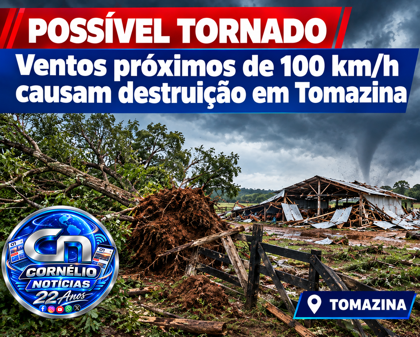 Ventos próximos de 100 km/h causam destruição em Tomazina