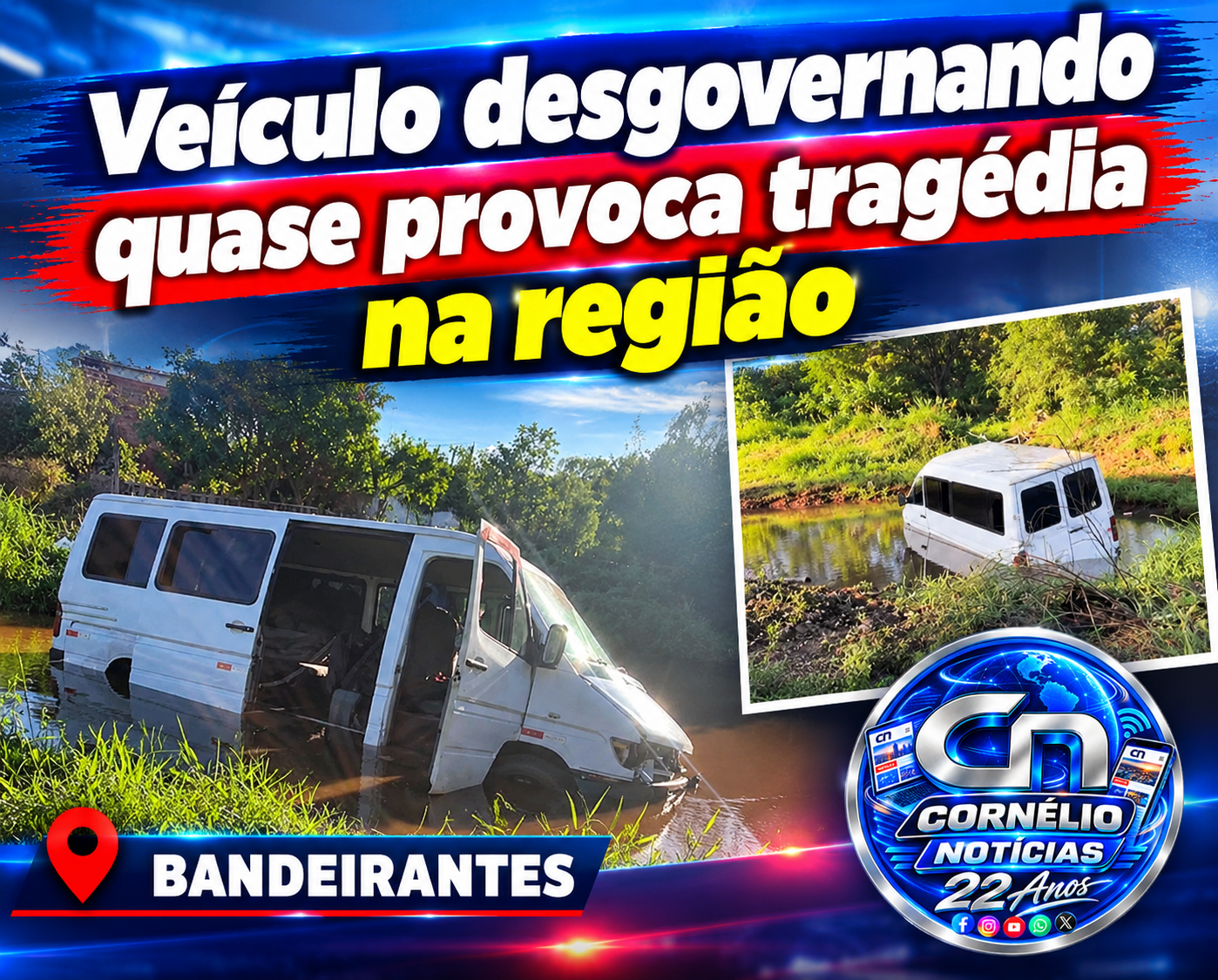 Van com trabalhadores perde os freios e acaba dentro de represa