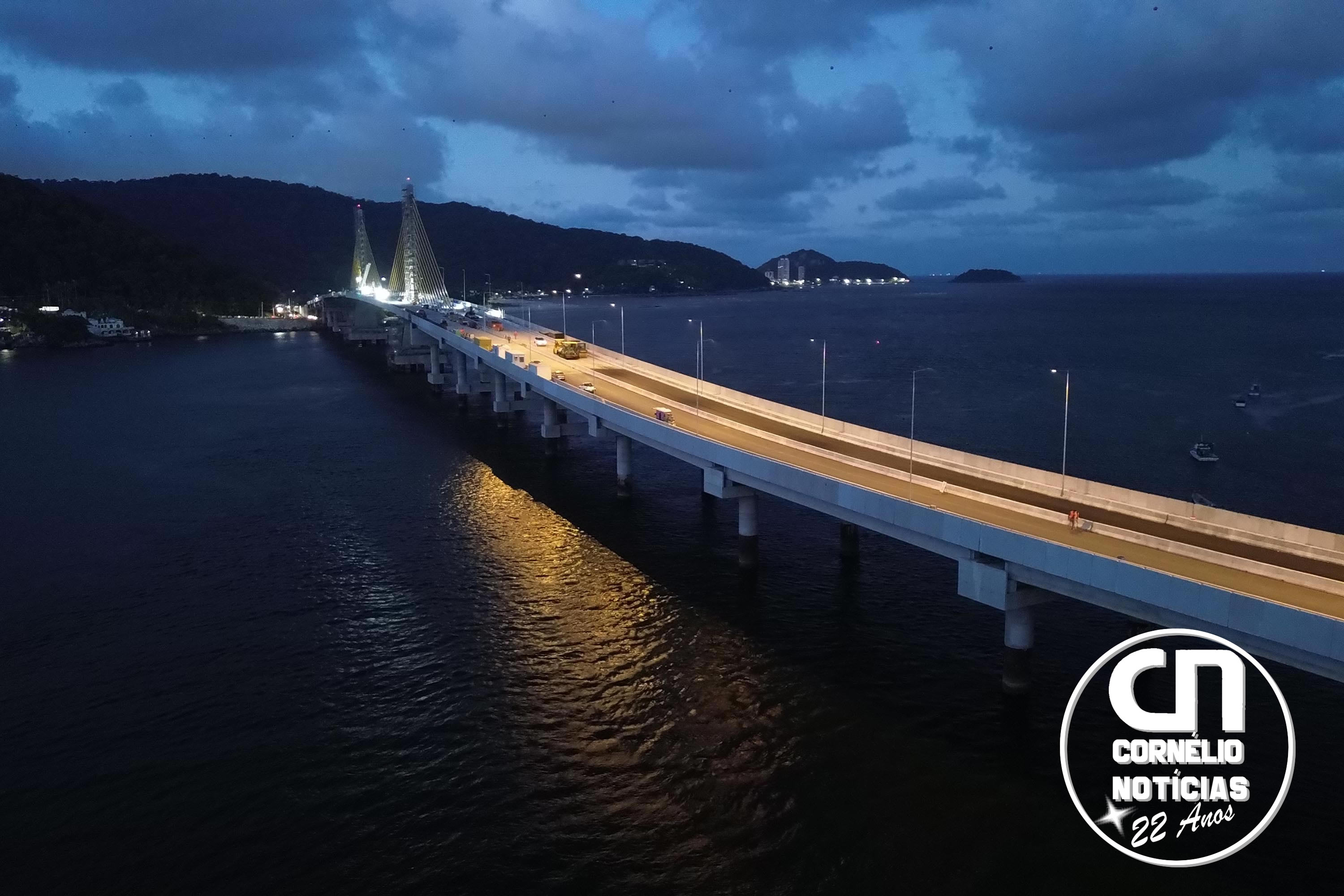 Ponte no litoral ganha iluminação e testes revelam como será o visual à noite